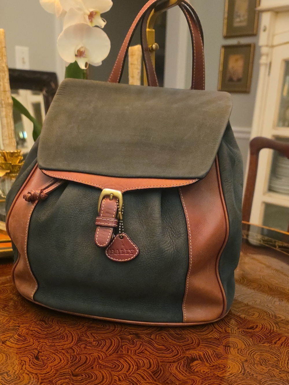 Vintage Bally green nubuck suede and tan leather backpack EUC